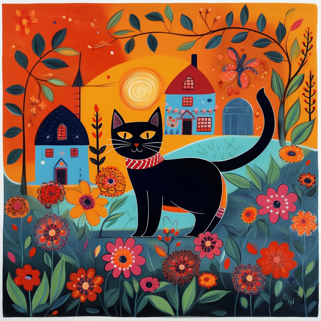 黒猫と花Tシャツ