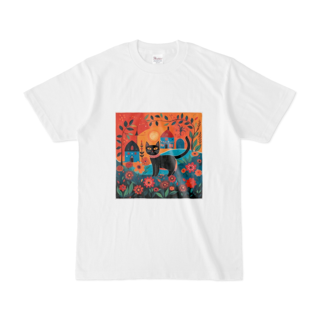 黒猫と花Tシャツ