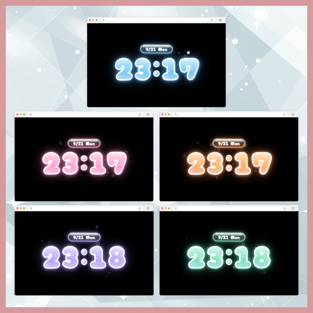 【OBS用・無料版あり】ぷくぷく泡の時計ウィジェット|5カラー・10フォント・Canvasアニメーション