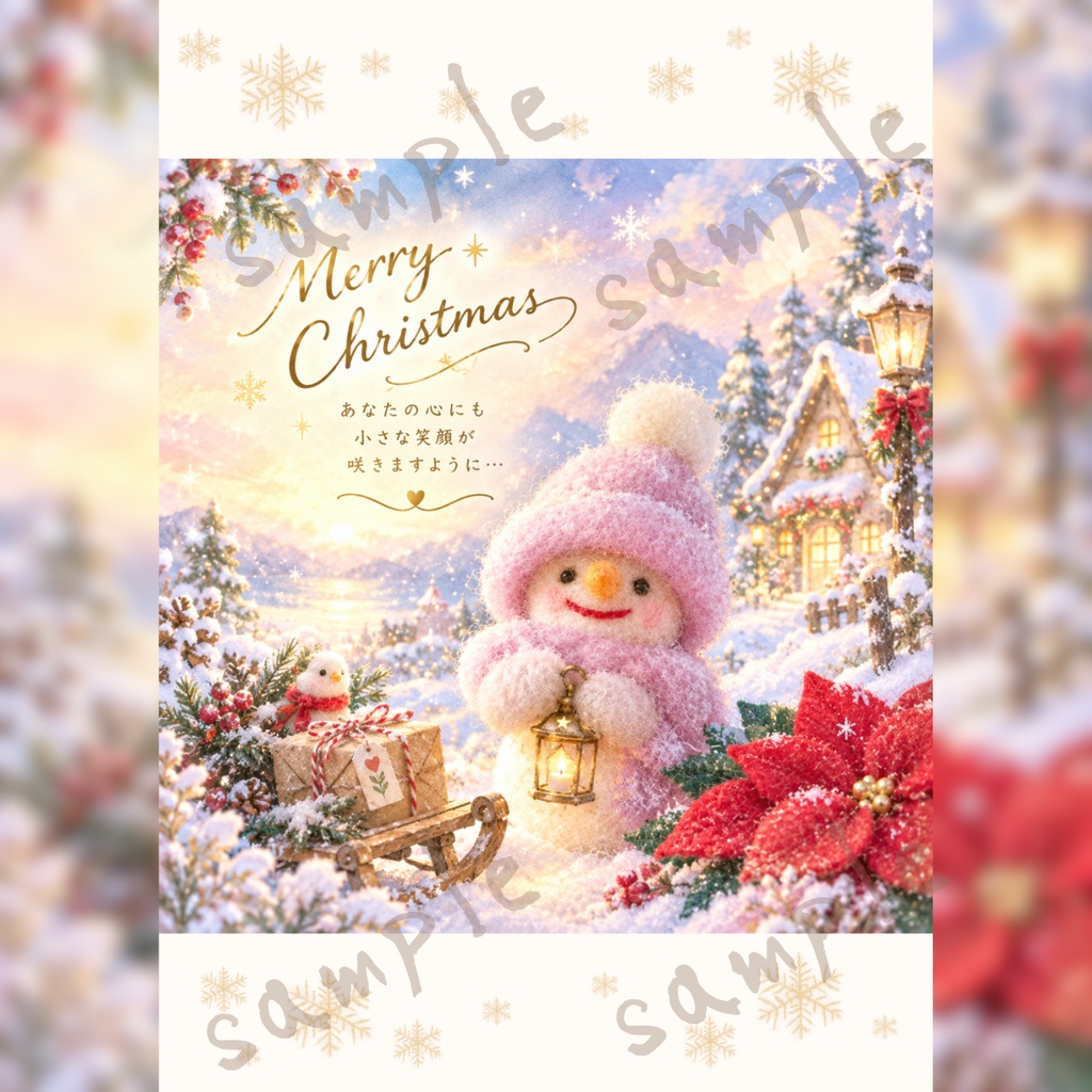絵本風クリスマスカード4形式セット|羊毛フェルトの雪だるま・フェルトのポインセチア|印刷用・スマホ用デジタルデータ