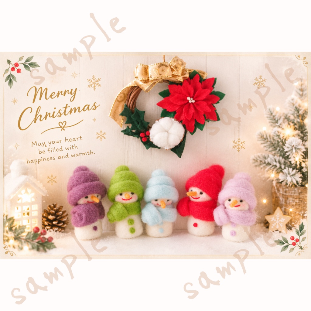 クリスマスカード4種セット|印刷用ポストカード・A6・スマホ壁紙・LINE画像|フェルト雪だるまとリース|デジタルダウンロード