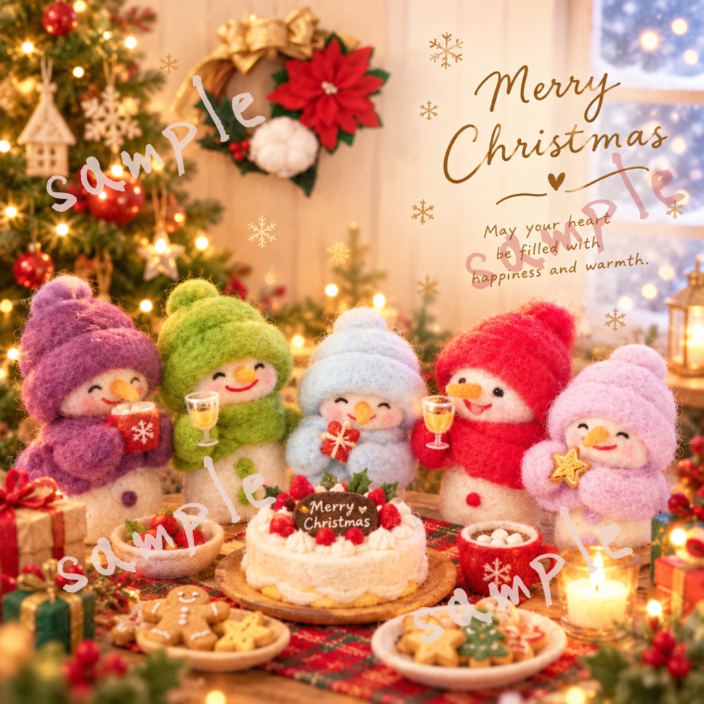 クリスマスカード4種セット|印刷用ポストカード・A6・スマホ壁紙・LINE画像|フェルト雪だるまとリース|デジタルダウンロード