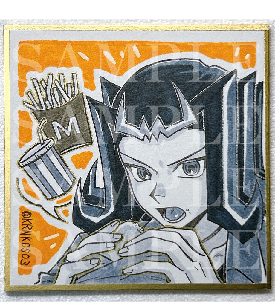 【ミニミニ手描き色紙】🍔食べてるシャークさん