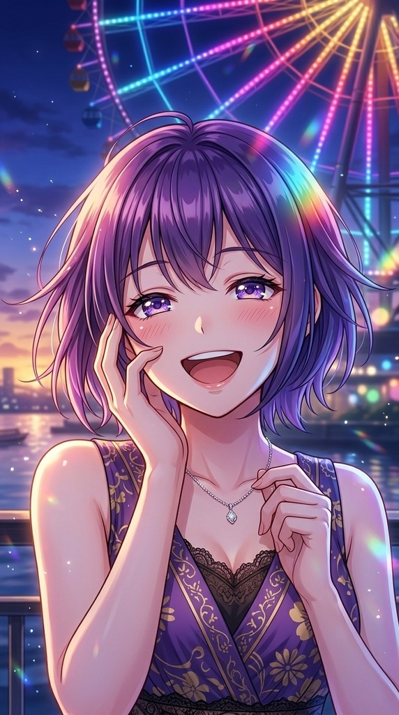 ​【無料壁紙/Free Wallpaper】夜の観覧車と彼女の笑顔 - スマホ用待受イラスト [Anime Girl Illustration]