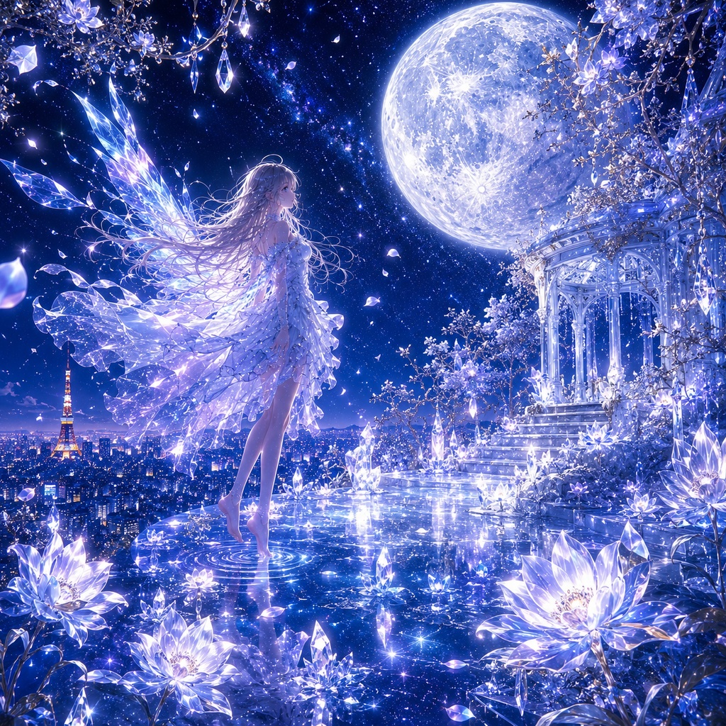 ​【無料】幻想的な満月とクリスタルの妖精 - 高画質デジタル壁紙・イラスト素材 / [Free] Mystical Full Moon & Crystal Fairy - High-Res Digital Wallpaper
