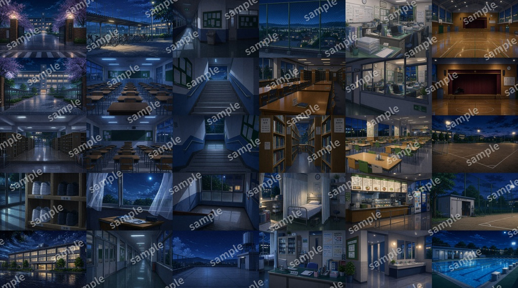 【ドット絵/AI背景素材集】現代日本・高校・学校の背景セットvol.1(昼・夕・夜・計90枚)TRPG/CoC/ゲーム/動画/ココフォリア