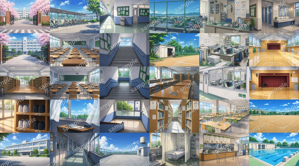 【ドット絵/AI背景素材集】現代日本・高校・学校の背景セットvol.1(昼・夕・夜・計90枚)TRPG/CoC/ゲーム/動画/ココフォリア