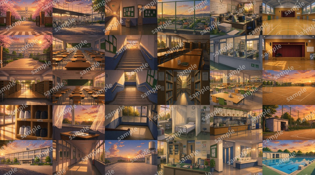 【ドット絵/AI背景素材集】現代日本・高校・学校の背景セットvol.1(昼・夕・夜・計90枚)TRPG/CoC/ゲーム/動画/ココフォリア