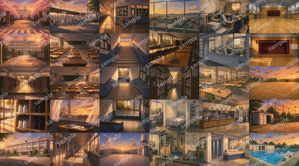 【ドット絵/AI背景素材集】現代日本・高校・学校の背景セットvol.1(昼・夕・夜・計90枚)TRPG/CoC/ゲーム/動画/ココフォリア