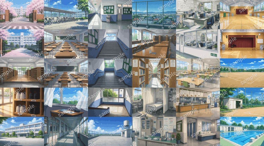 【ドット絵/AI背景素材集】現代日本・高校・学校の背景セットvol.1(昼・夕・夜・計90枚)TRPG/CoC/ゲーム/動画/ココフォリア