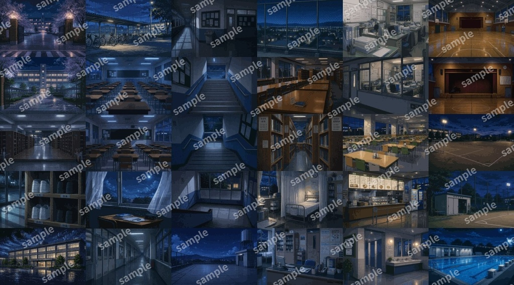 【ドット絵/AI背景素材集】現代日本・高校・学校の背景セットvol.1(昼・夕・夜・計90枚)TRPG/CoC/ゲーム/動画/ココフォリア