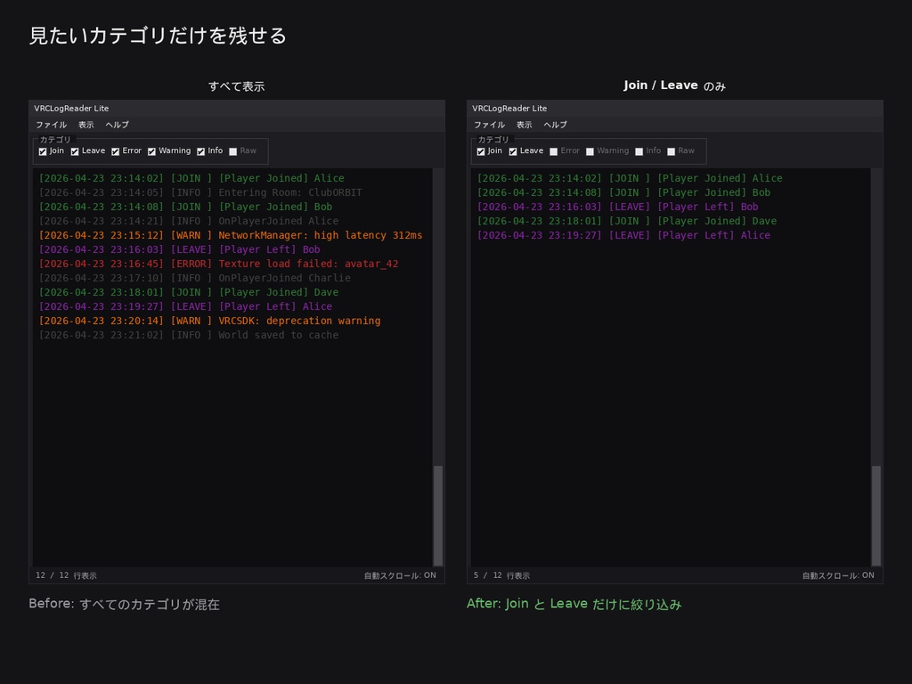 VRChat Log Reader Lite v1.0 — リアルタイムでログを色分け表示する無料軽量ツール