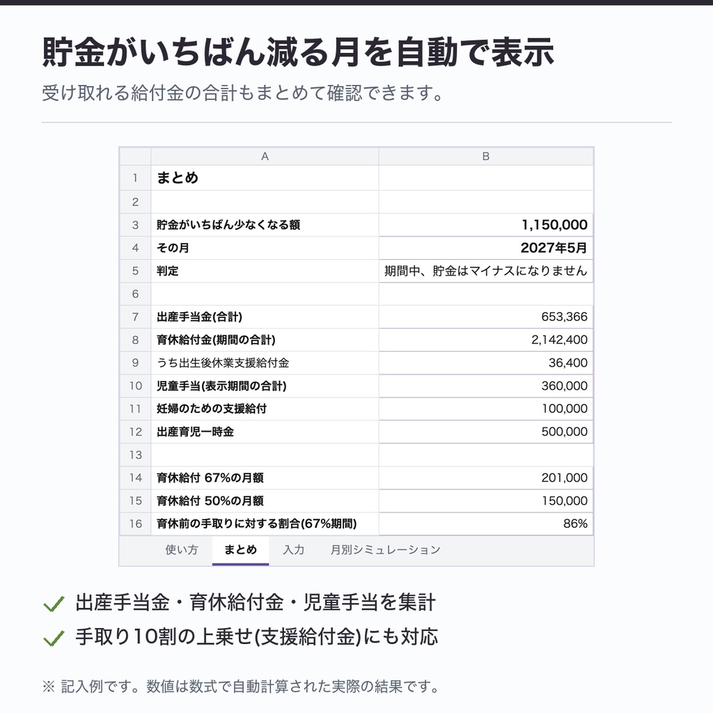 産休・育休の家計シミュレーション表(Excel)|給付金の入金が遅れる月もわかる