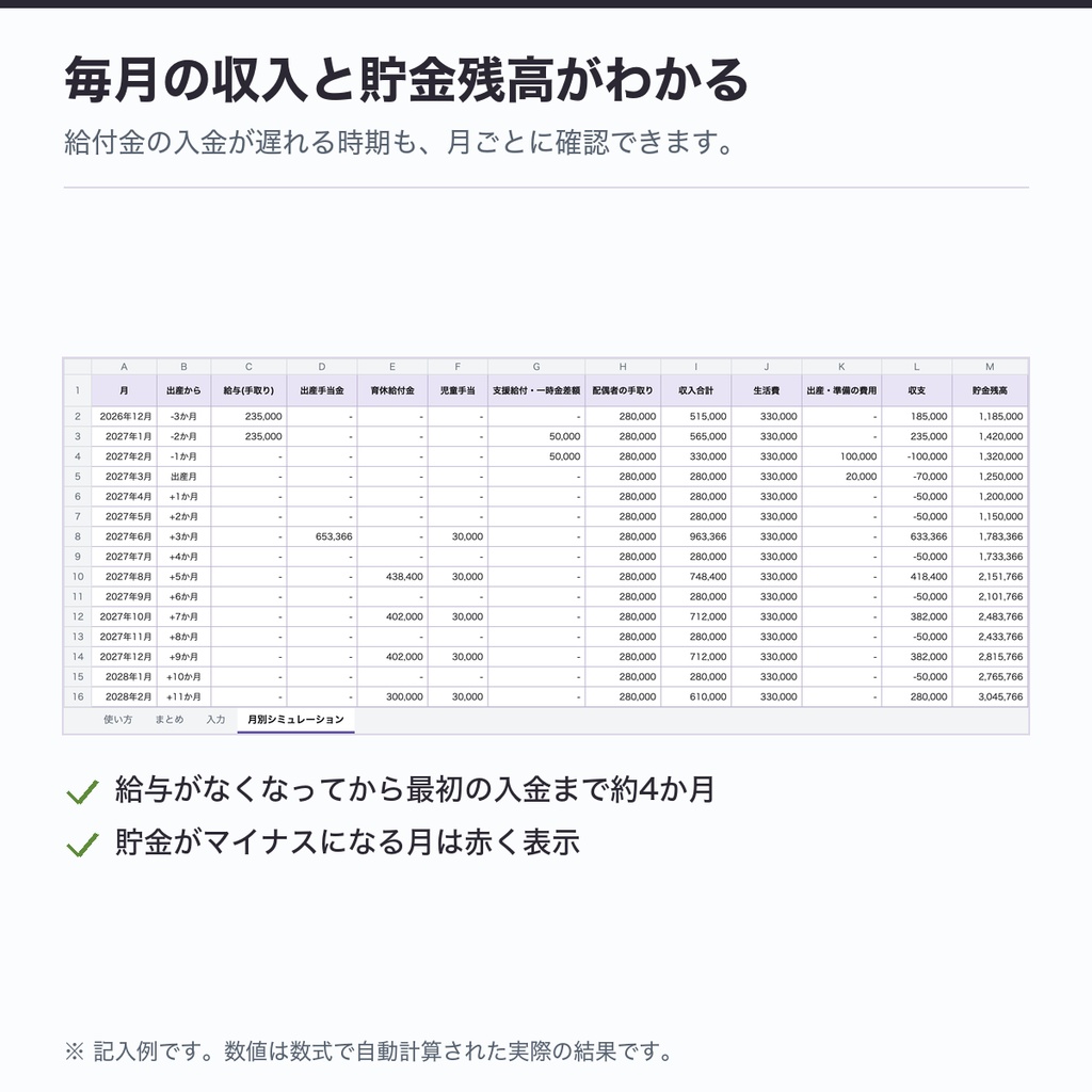産休・育休の家計シミュレーション表(Excel)|給付金の入金が遅れる月もわかる