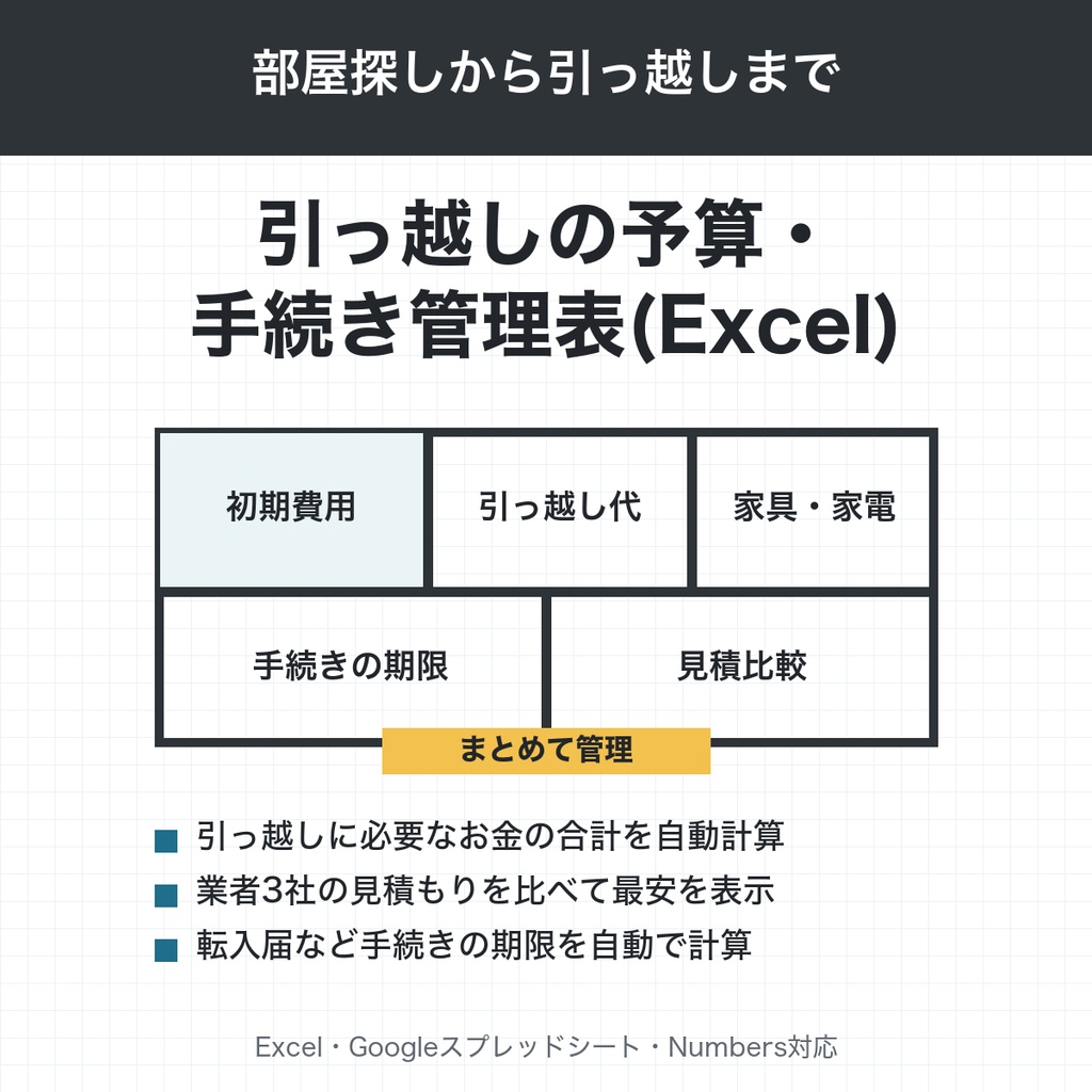引っ越しの予算・手続き管理表(Excel)｜初期費用・見積比較・手続きの期限をまとめて管理