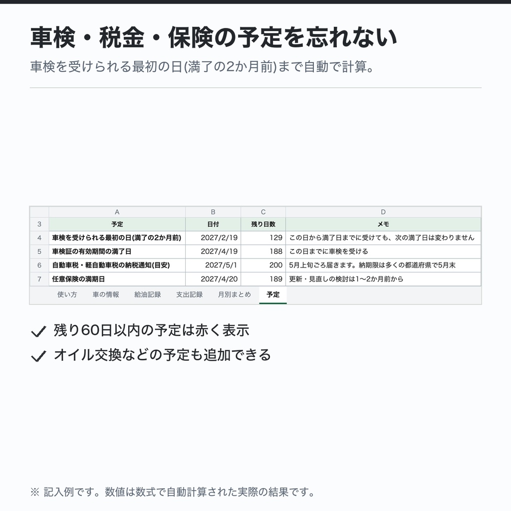 車の維持費・燃費管理表(Excel)|給油記録で燃費を自動計算・月別の維持費・車検の予定