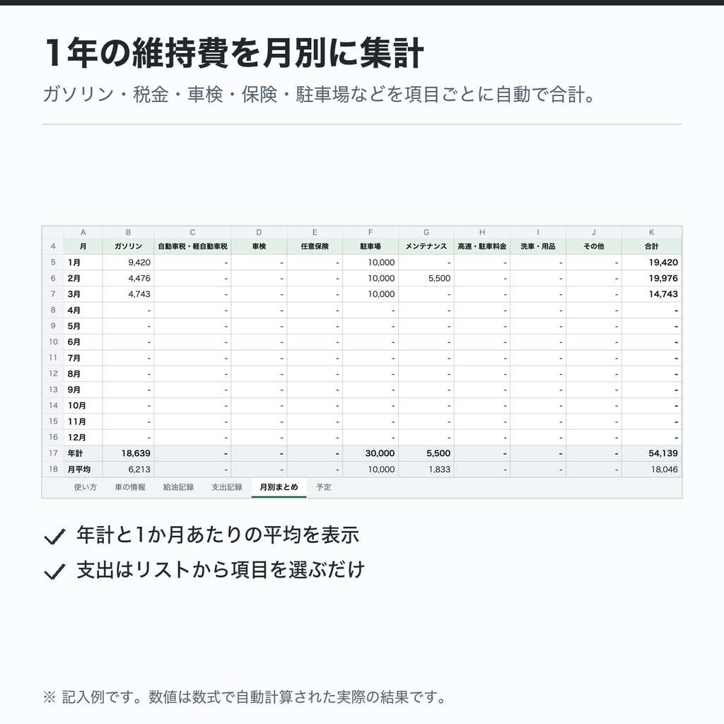 車の維持費・燃費管理表(Excel)|給油記録で燃費を自動計算・月別の維持費・車検の予定