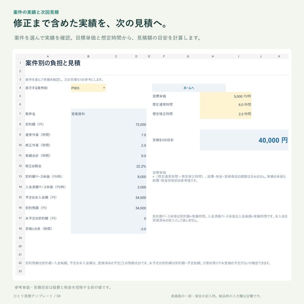 受託ワーク台帳|作業・分割入金の履歴から、月次集計と見積までつながるExcel