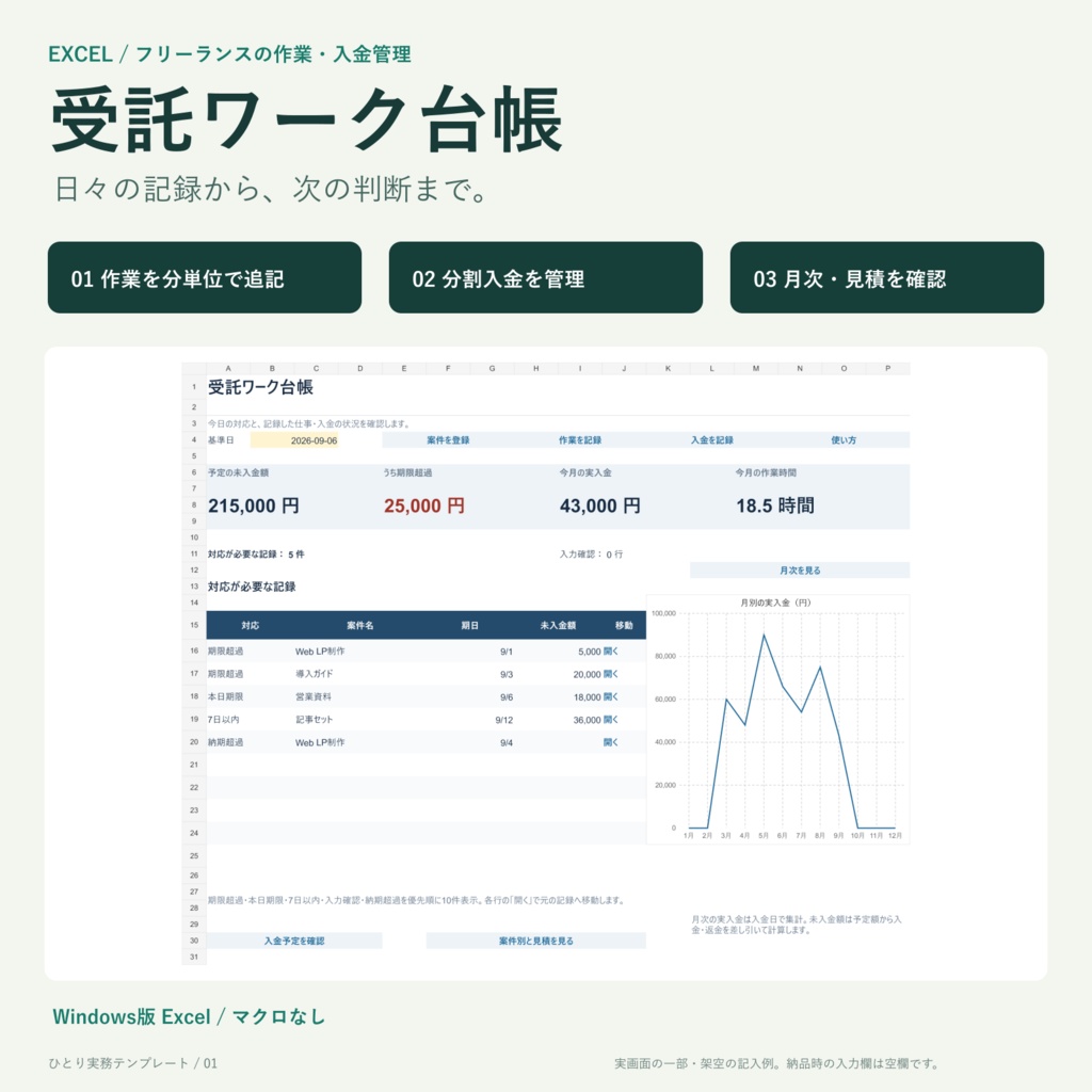 受託ワーク台帳｜作業・分割入金の履歴から、月次集計と見積までつながるExcel