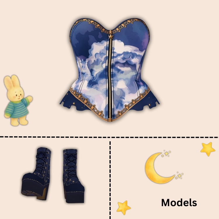 Part 2 + Full Outfit 【VRoid / VRChat / Vtubing】 星空のコルセット&ブーツセット / ⭐ Starry Night Set ⭐ (Shorts & Choker & Staff)
