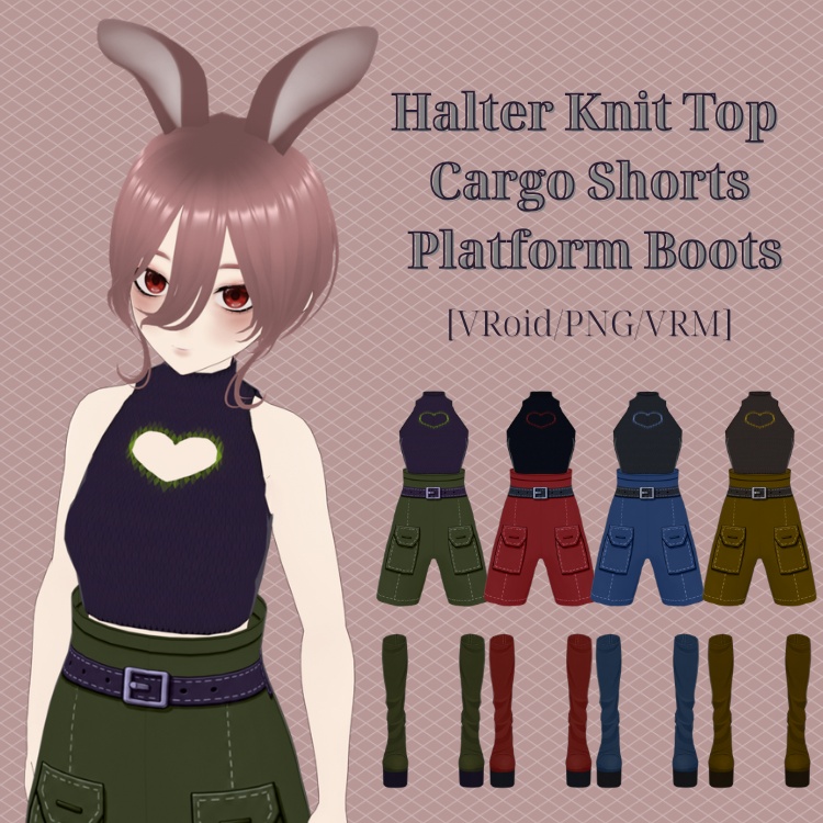 [VRoid/VRChat] Halter Knit Top & Cargo Shorts & Platform Boots - 4 Colors Pack
