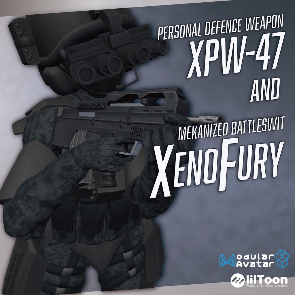 【VRChat想定】Mekanized Battleswit "Xenofury" &  PDW "XPW-47"【アバター向け戦闘服】【アバターギミック】