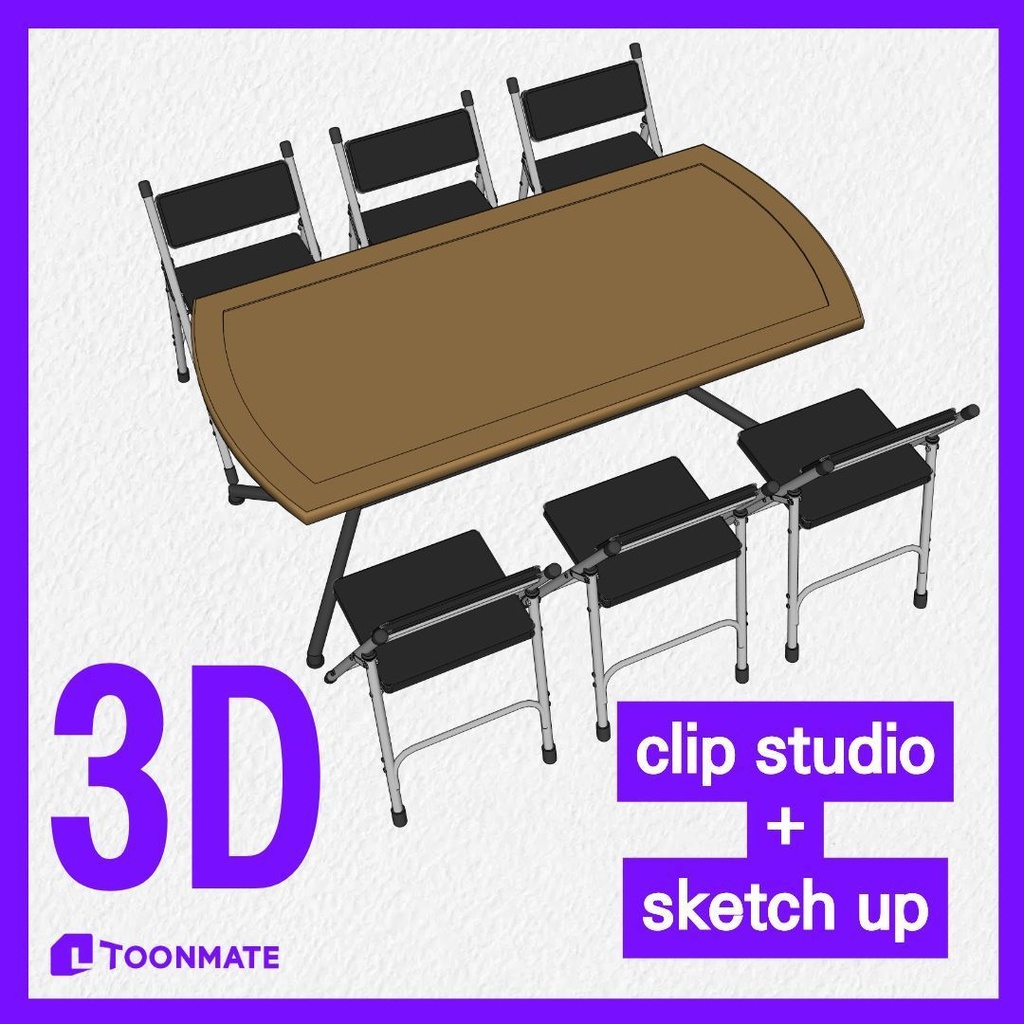 【3D素材 / SketchUp&cs3o】折りたたみテーブル＆パイプ椅子セット (多目的・学校・オフィス)