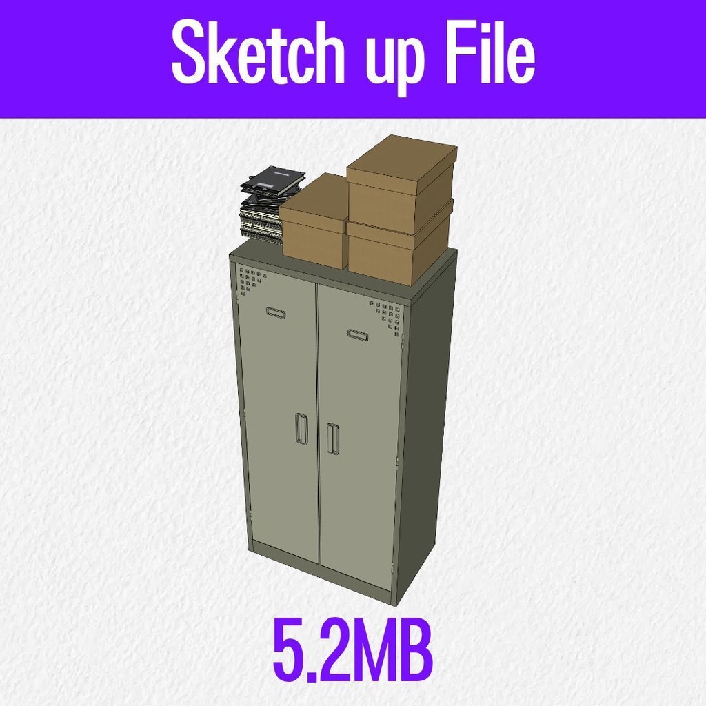 【3D素材 / SketchUp&cs3o】荷物箱が置かれたスチールキャビネット (倉庫・部室・資料室)