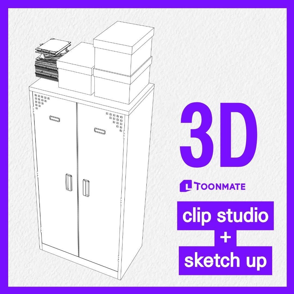 【3D素材 / SketchUp&cs3o】荷物箱が置かれたスチールキャビネット (倉庫・部室・資料室)