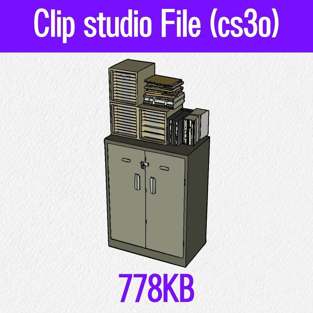 【3D素材 / SketchUp&cs3o】書類トレー&大量の資料が載ったスチールキャビネット