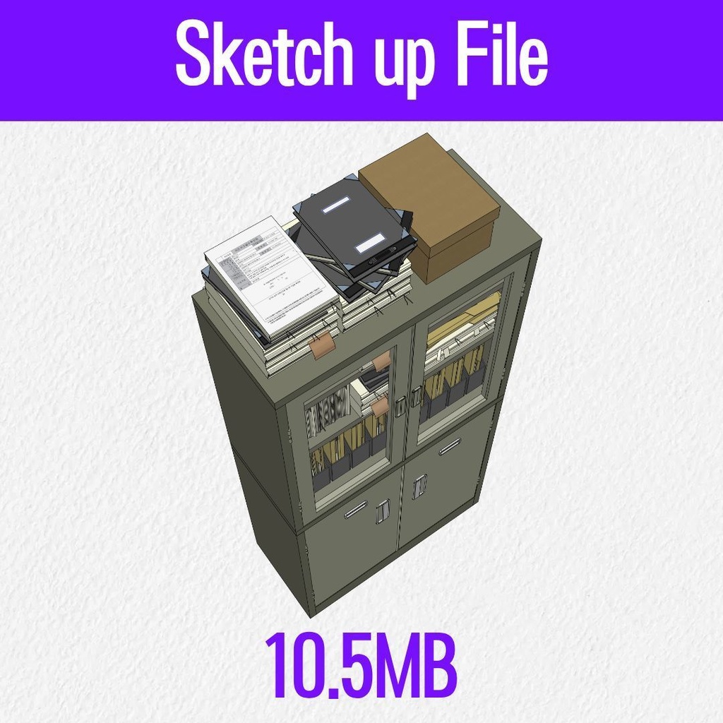 【3D素材 / SketchUp&cs3o】ガラス扉の書庫キャビネット&荷物セット