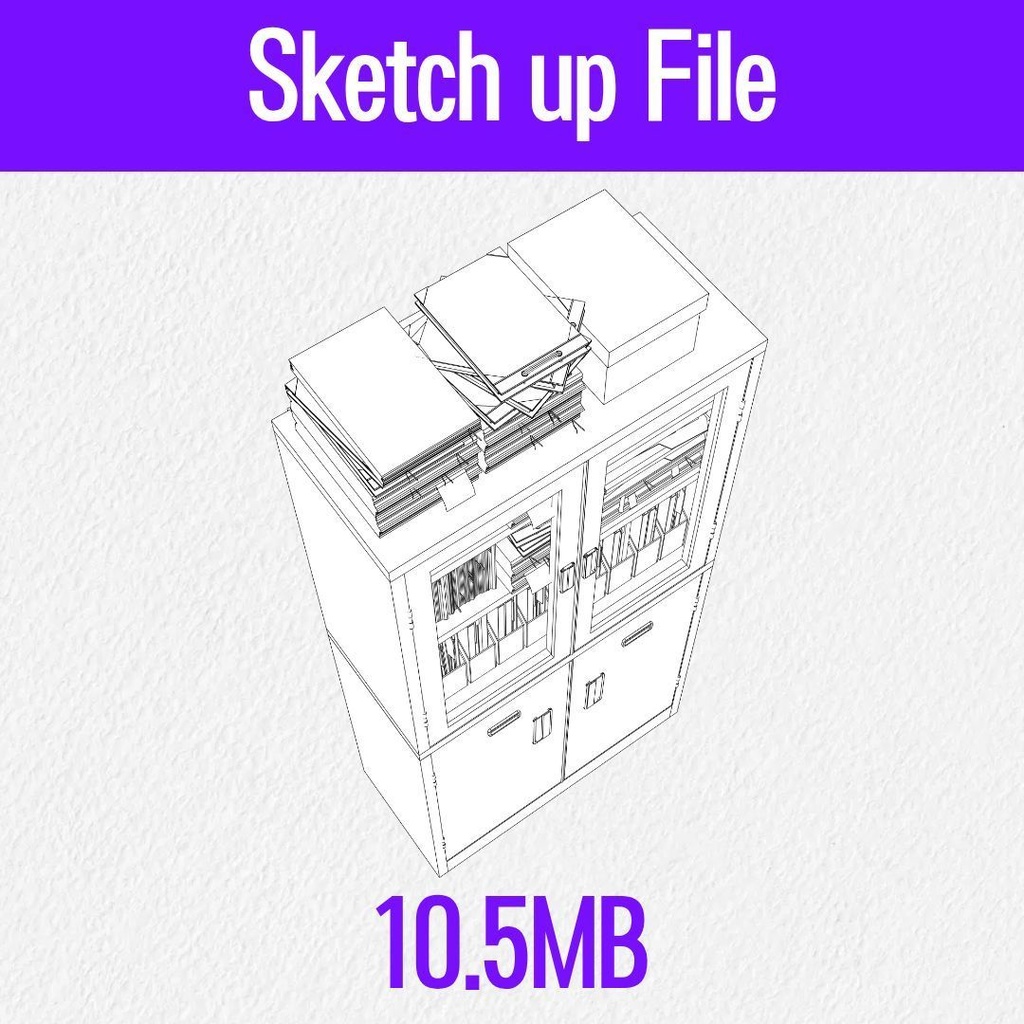【3D素材 / SketchUp&cs3o】ガラス扉の書庫キャビネット&荷物セット