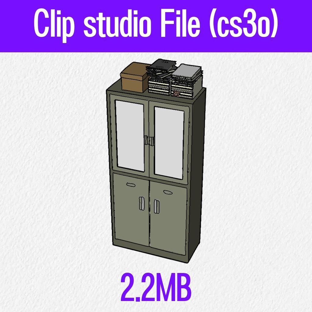【3D素材 / SketchUp&cs3o】ガラス扉の書庫キャビネット&荷物セット