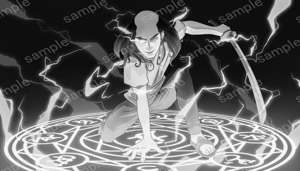 まちかどの落武者 異世界転生 Tシャツ モノクロ