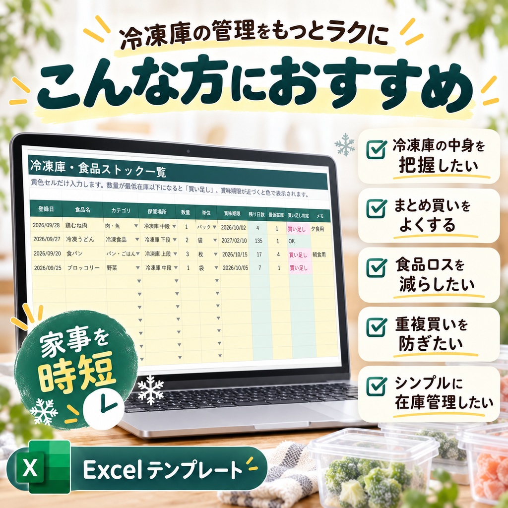 冷凍庫・食品ストック管理表|賞味期限・在庫数・買い足しを自動チェック【Excelテンプレート】