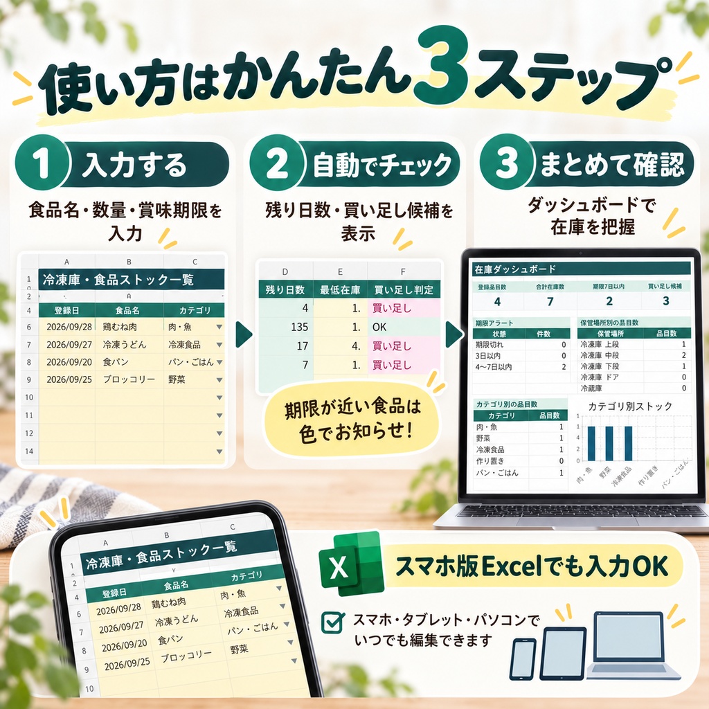冷凍庫・食品ストック管理表|賞味期限・在庫数・買い足しを自動チェック【Excelテンプレート】
