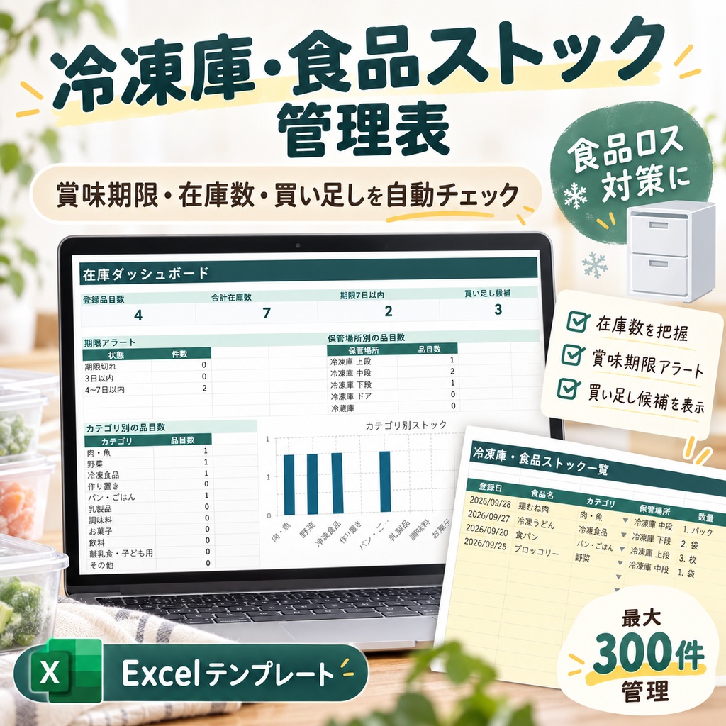 冷凍庫・食品ストック管理表｜賞味期限・在庫数・買い足しを自動チェック【Excelテンプレート】