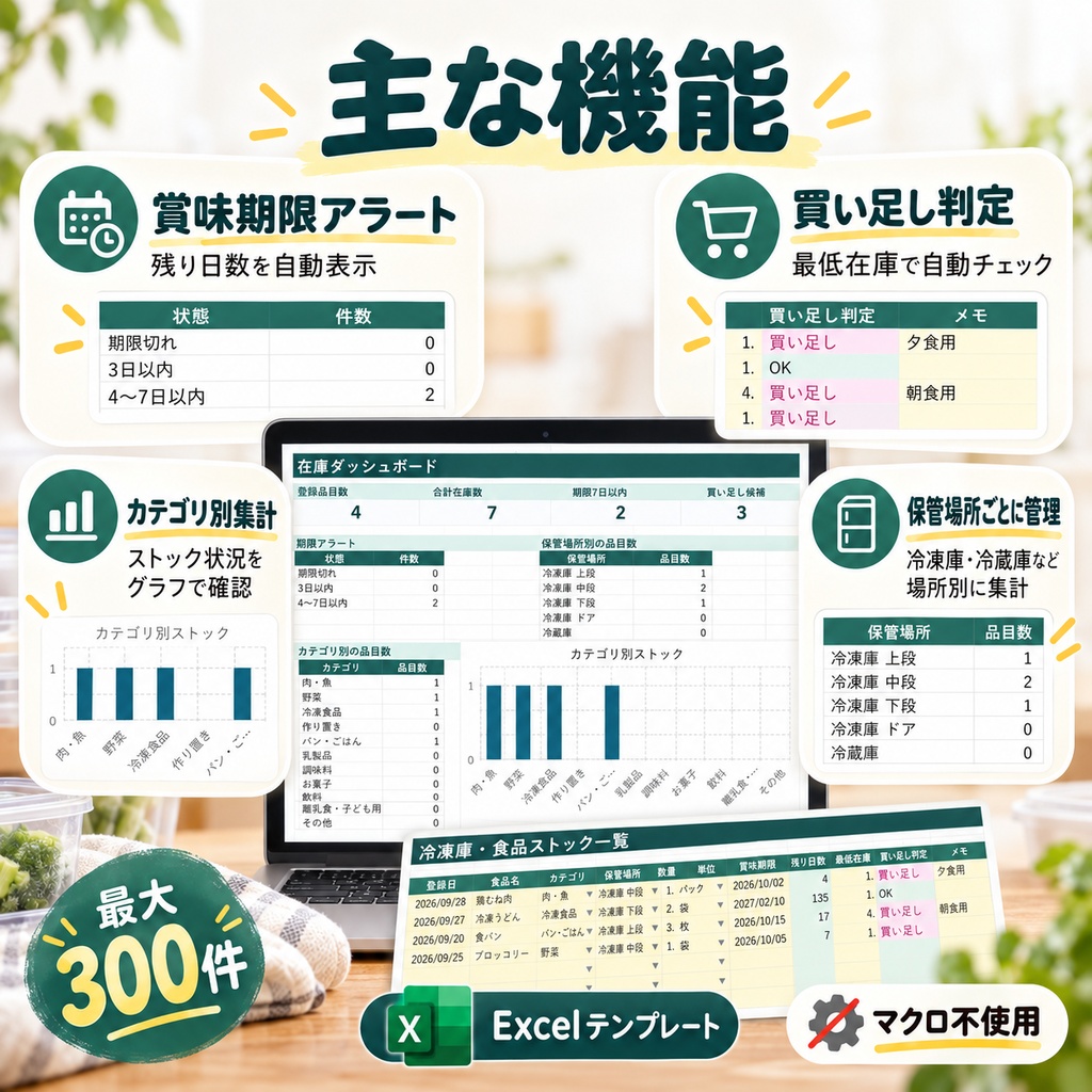 冷凍庫・食品ストック管理表|賞味期限・在庫数・買い足しを自動チェック【Excelテンプレート】