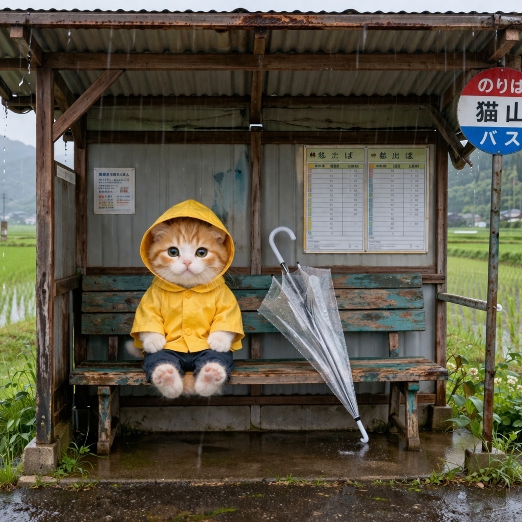 みけねこミケの癒し壁紙セット『雨の停留所』〈5枚〉— Mikené Gallery —