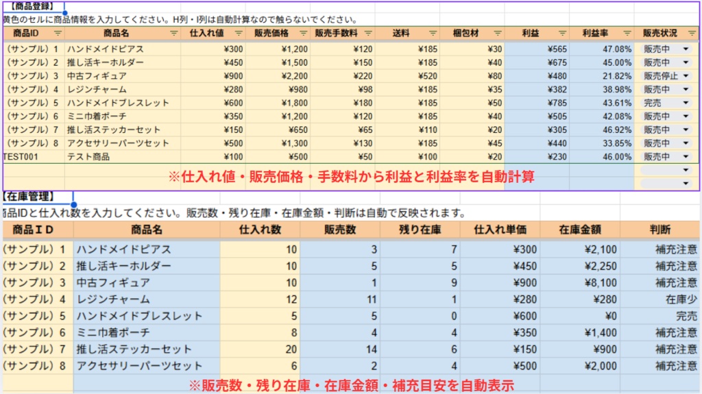 ハンドメイド・物販向け 売上・利益・在庫・経費 管理テンプレート|Googleスプレッドシート版