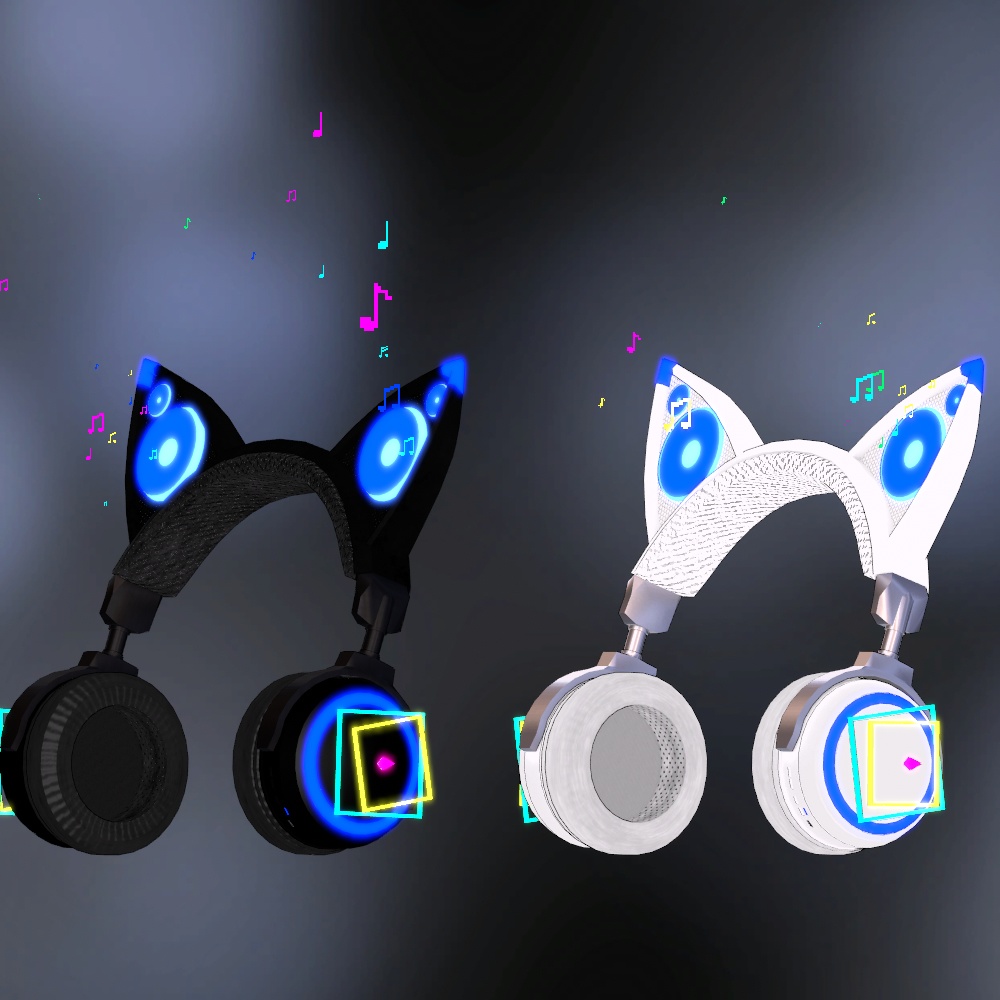 音符溢れ出て光る猫耳ヘッドホン(パーティクル・アニメーション設定済み)