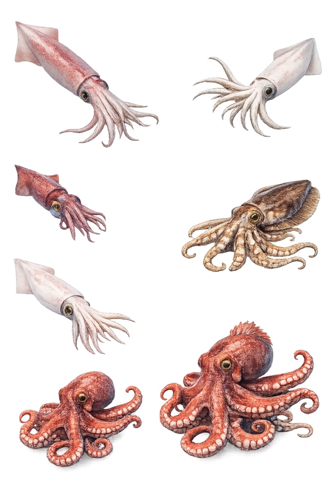 イカ・タコ 透過PNG素材7点セット（リアル海の生き物素材）