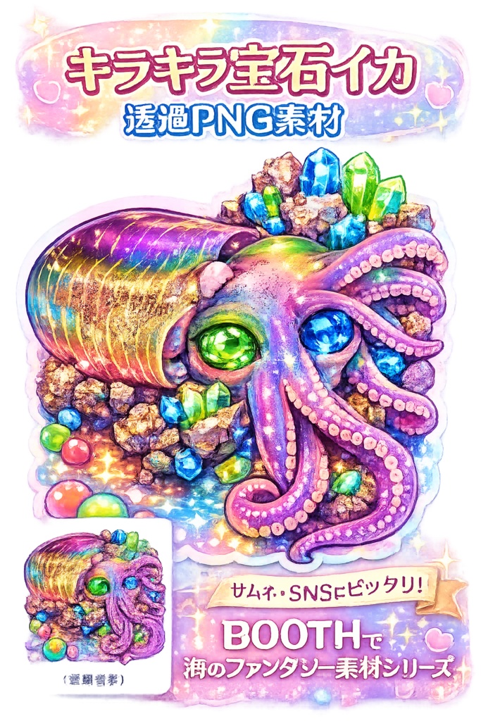 キラキラ宝石イカ 透過PNG素材（海のファンタジー素材）