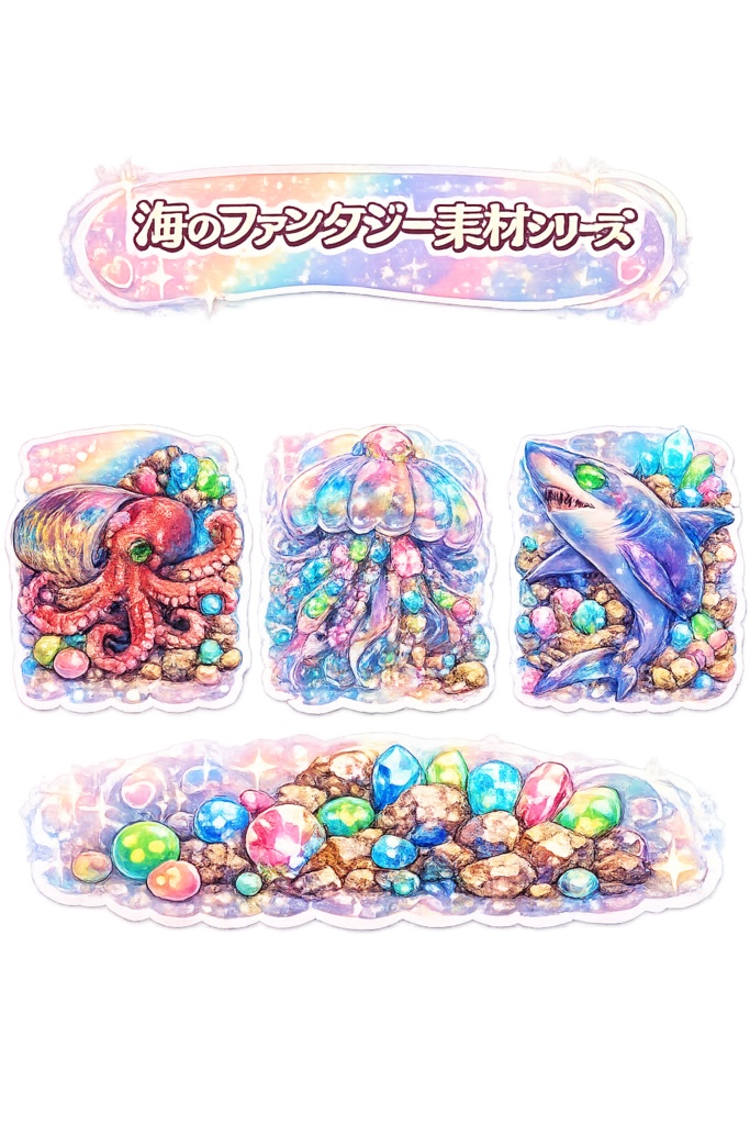 海のファンタジー素材シリーズ4種類 透過PNG素材