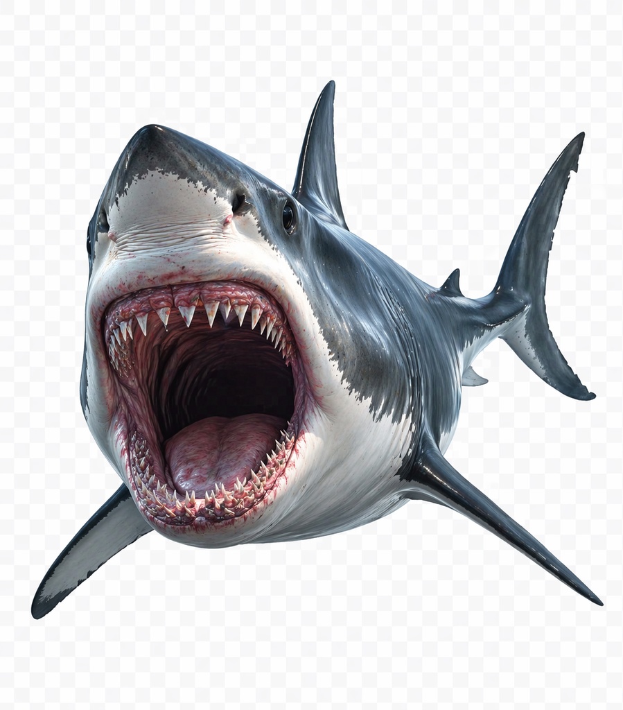 リアル ホオジロザメ（口開け）透過PNG素材｜サメ・危険生物