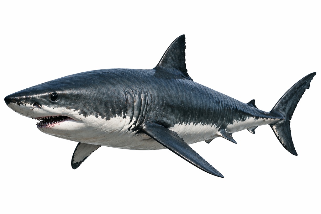 リアル ホオジロザメ（横向き）透過PNG素材｜サメ・海の生き物イラスト