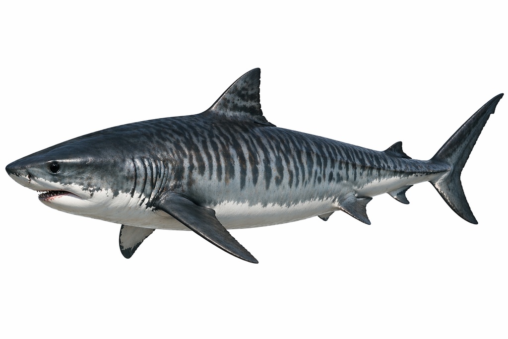 リアル タイガーシャーク（横向き）透過PNG素材｜サメ・危険生物イラスト