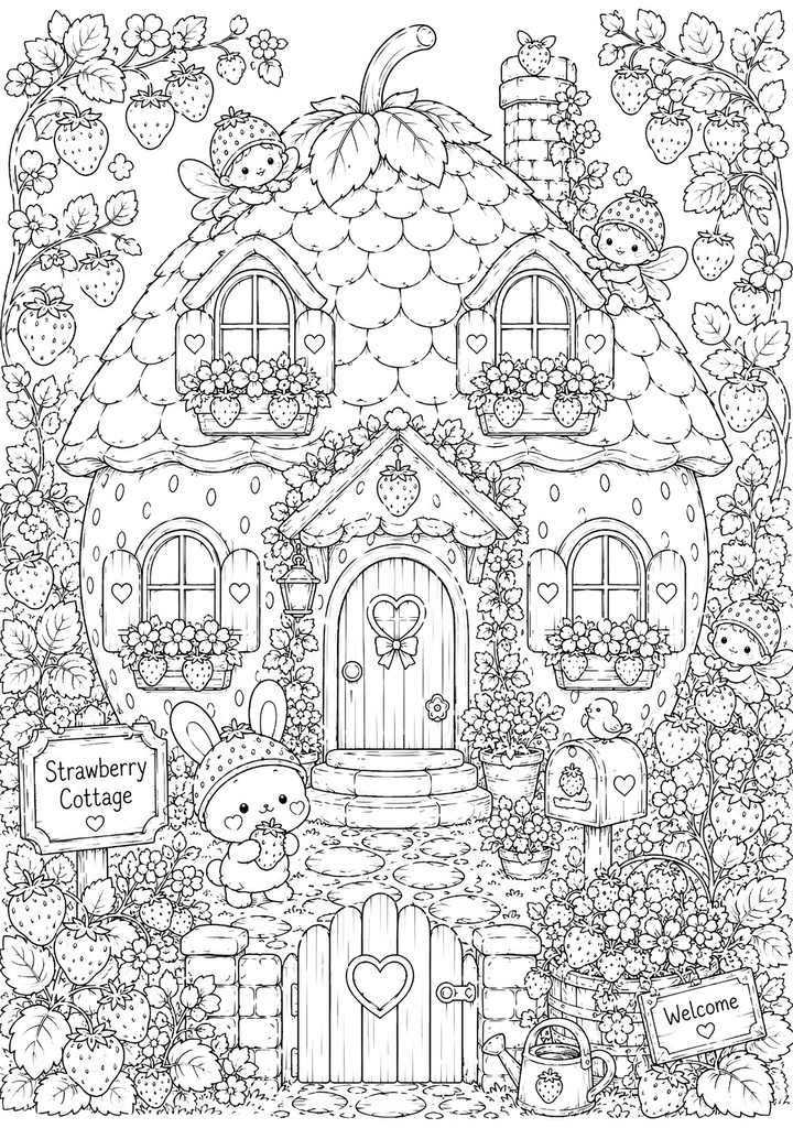 【PDF版】大人の塗り絵『いちごのコテージ』 おうちで楽しむ塗り絵