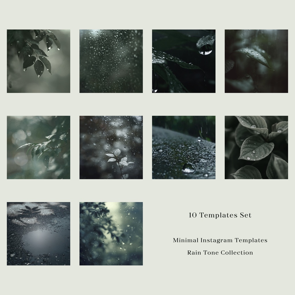 【画像テンプレ】 Rain Tone グレイッシュグリーン＆モノクロ｜Canvaデザイン素材（10枚セット）
