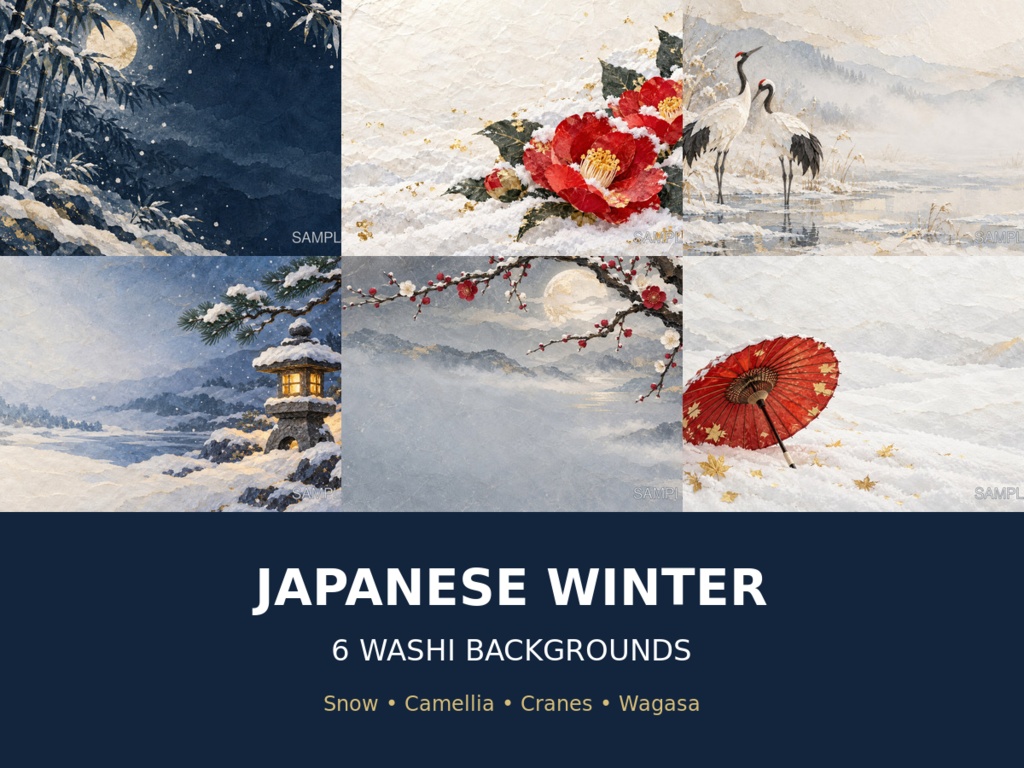和モダン冬景色 背景素材6枚セット｜雪・寒椿・丹頂鶴・和傘